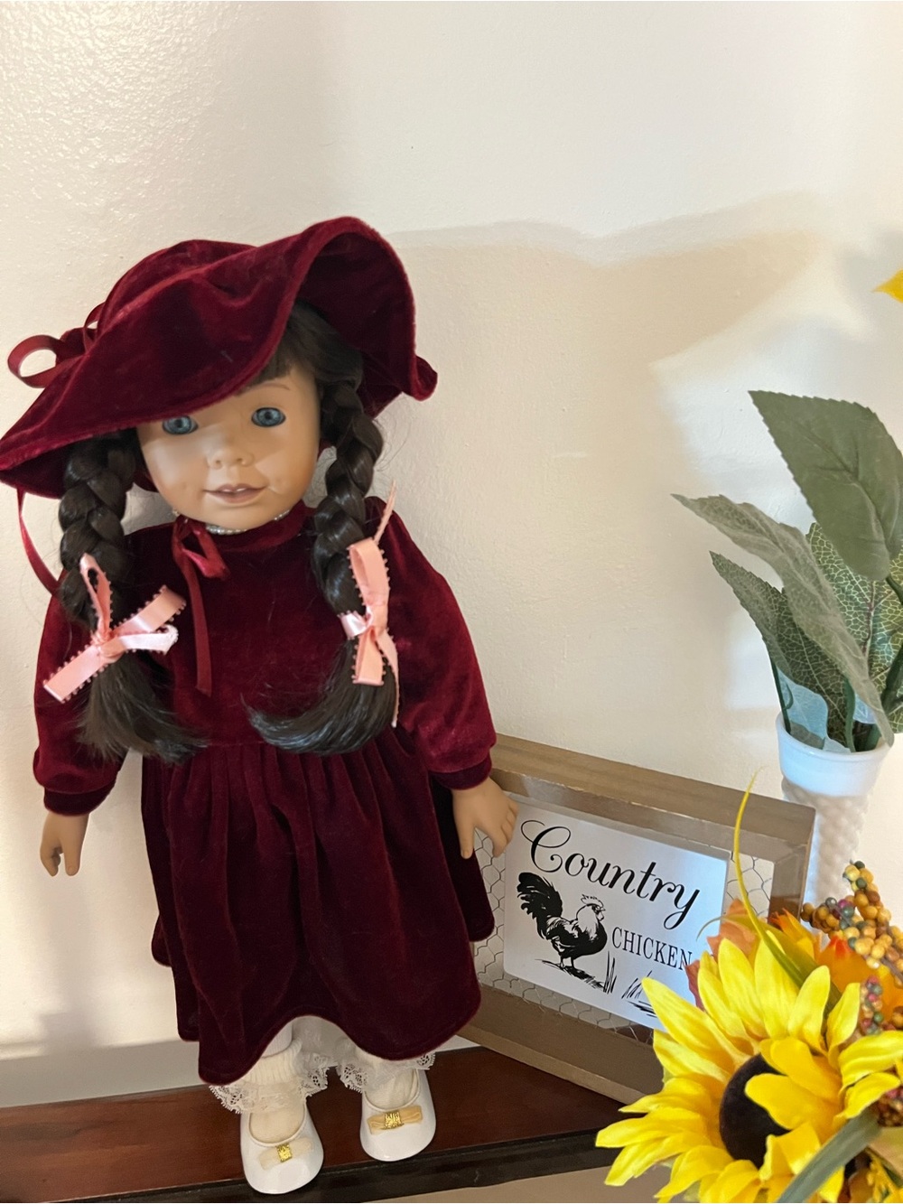 Vintage Heidi Ott Doll Brunette Braids Blue Eyes Burgundy Velvet Dress Hat